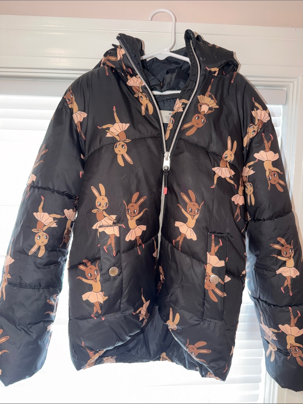 H&M Black Puffer Jacket with Pink Bunny Ballerina Print